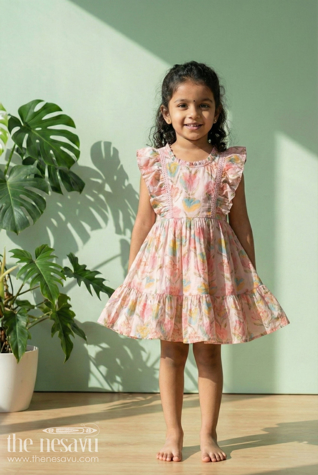 The Nesavu Girls Cotton Frock Baby Girl Cotton Frock for Casual Outings and Playdates Nesavu 18 (2Y) / Pink / Modal GFC2081A-18 Nesavu baby girl cotton frock with floral print and ruffles for everyday wear