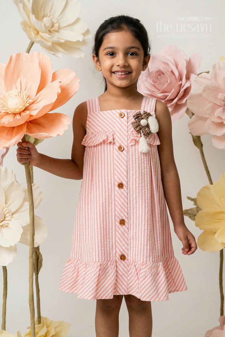 The Nesavu Girls Cotton Frock Baby Girl Cotton Frock for Casual Outings and Summer Play Nesavu 16 (1Y) / Pink / Seer Sucker GFC2143B-16 Nesavu baby girl seer sucker cotton frock for summer play and casual outings with button front style