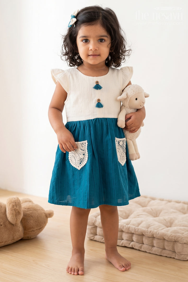 The Nesavu Baby Cotton Frocks Baby Girl Cotton Frock for Casual Party Outings Nesavu 14 (6M) / Blue / Cotton BFJ959C-14 Nesavu Baby Girl Cotton Frock For Casual Party Outings With Lace Pocket And Playful Flare BFJ959C-14