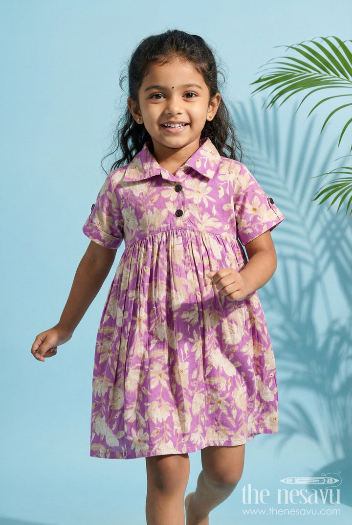 The Nesavu Girls Cotton Frock Baby Girl Cotton Frock for Casual Summer Wear and Play Nesavu 16 (1Y) / Purple GFC2040A-16 Nesavu baby girl cotton frock with purple floral print for summer play and casual wear
