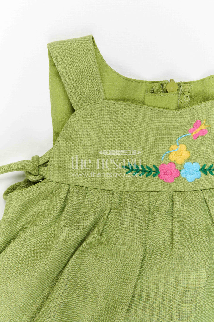 The Nesavu Baby Frocks Baby Girl Cotton Frock for Daily Wear and Casual Outings Nesavu Nesavu Baby Girl Green Cotton Frock With Thread Embroidery And Frill Hem For Daily Wear And Casual Outings
