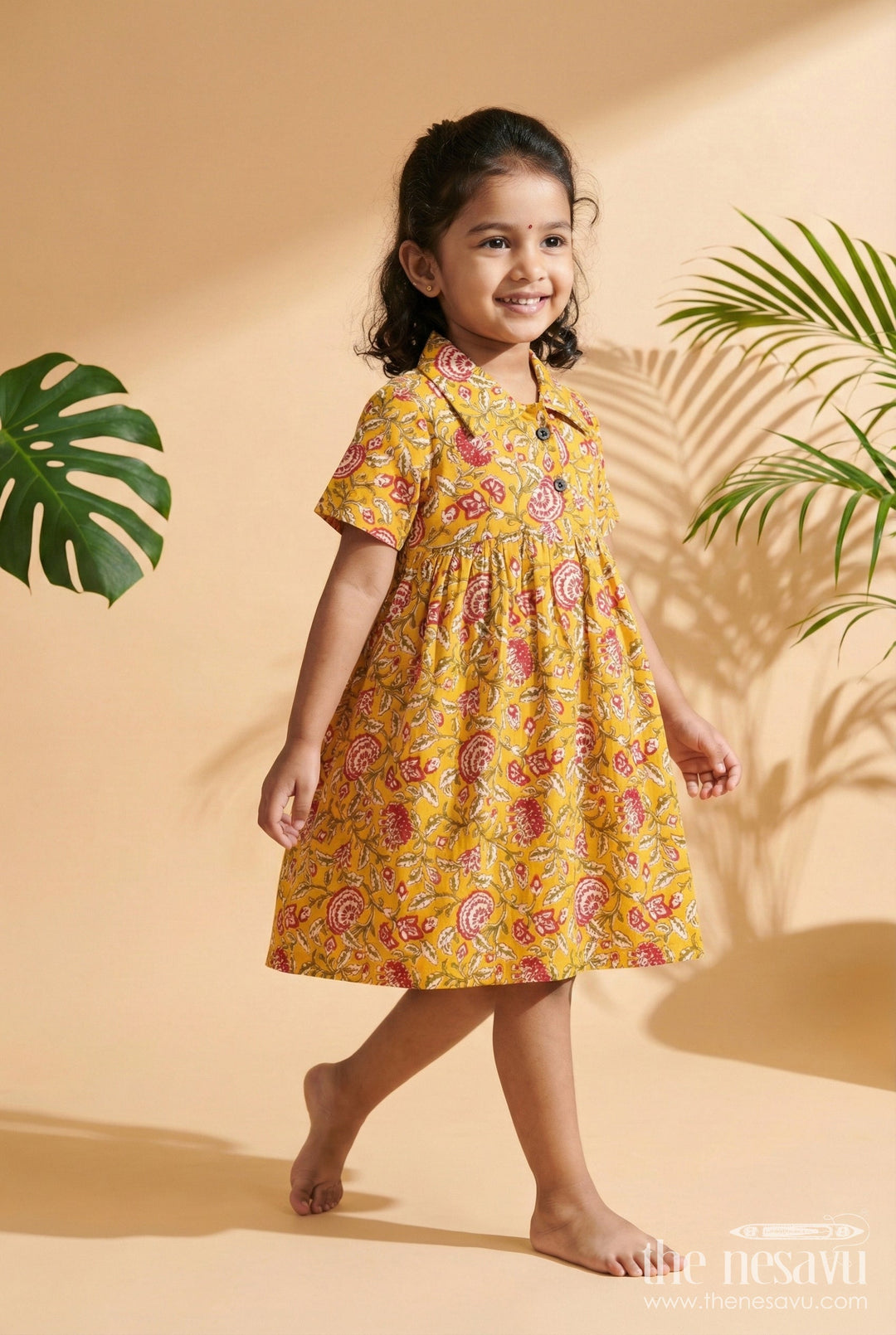 The Nesavu Girls Cotton Frock Baby Girl Cotton Frock for Ethnic Day and Festive School Events Nesavu 16 (1Y) / Yellow GFC2046A-16 Nesavu yellow cotton frock for baby girls with collar and floral print – festive and school ethnic wear