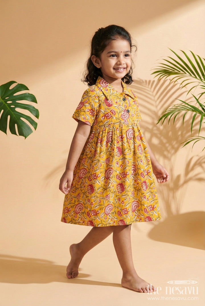 The Nesavu Girls Cotton Frock Baby Girl Cotton Frock for Ethnic Day and Festive School Events Nesavu 16 (1Y) / Yellow GFC2046A-16 Nesavu yellow cotton frock for baby girls with collar and floral print – festive and school ethnic wear
