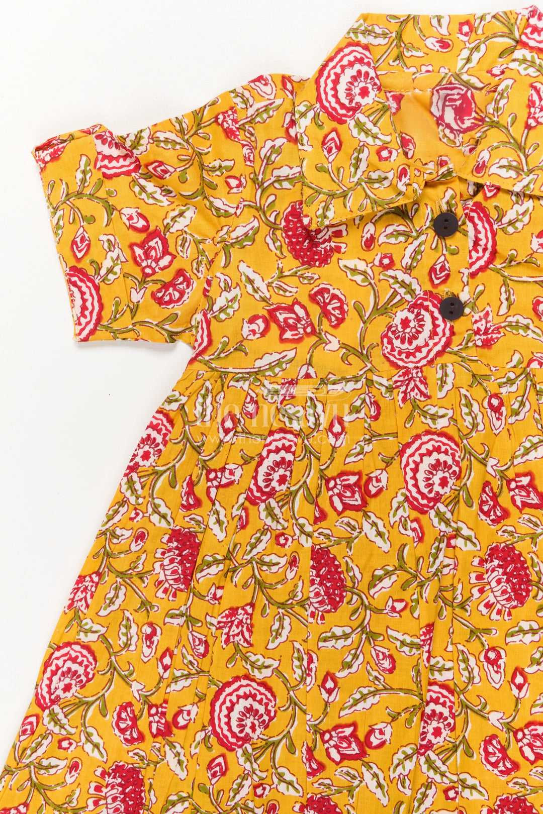 The Nesavu Girls Cotton Frock Baby Girl Cotton Frock for Ethnic Day and Festive School Events Nesavu Nesavu yellow cotton frock for baby girls with collar and floral print – festive and school ethnic wear
