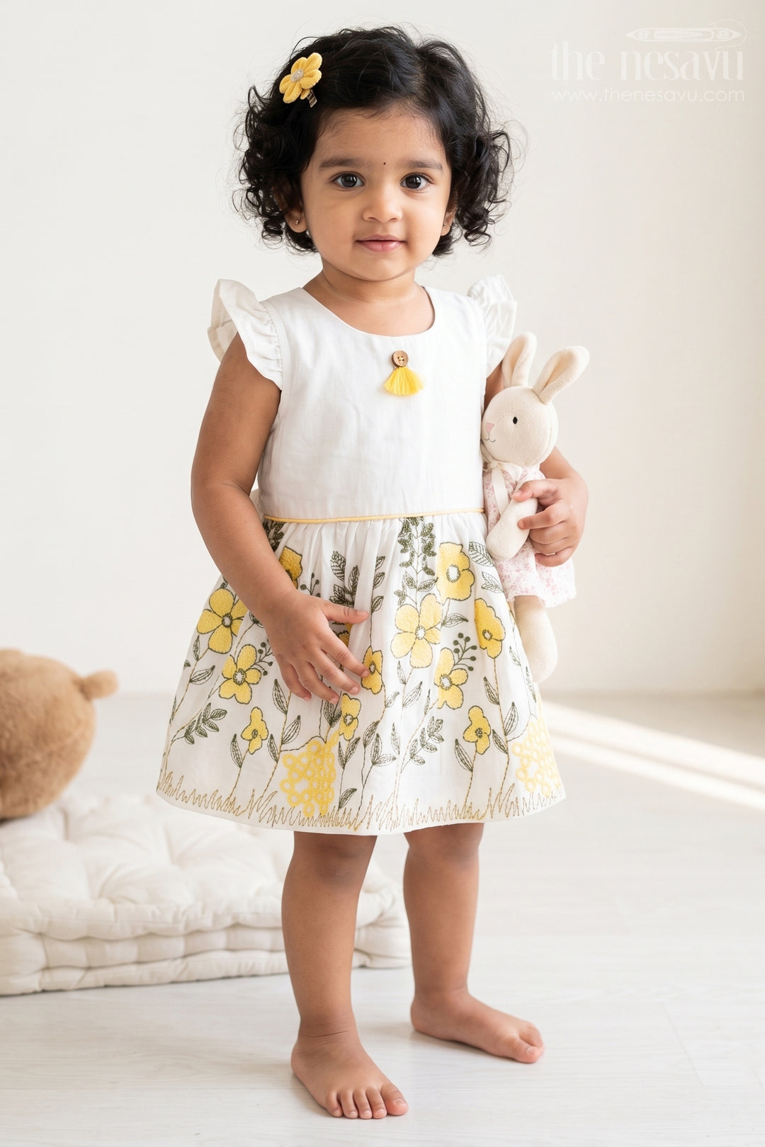 The Nesavu Baby Cotton Frocks Baby Girl Cotton Frock for Family Day Outings Nesavu 14 (6M) / Yellow / Muslin Cotton BFJ1013B-14 Nesavu Baby Girl Cotton Frock For Family Day Outings With Thread Embroidery And Soft Flare BFJ1013B-14