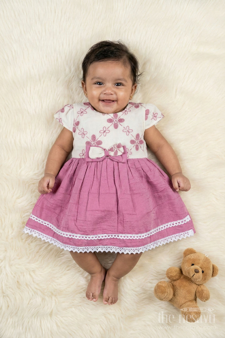 The Nesavu Baby Cotton Frocks Baby Girl Cotton Frock for Family Outings and Casual Celebrations Nesavu 14 (6M) / Pink / Cotton BFJ923B-14 Nesavu cotton frock for baby girls with floral embroidery and lace trim – ideal for family functions