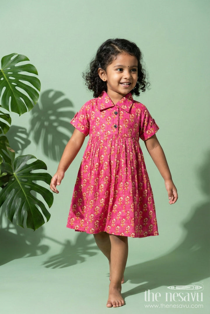 The Nesavu Girls Cotton Frock Baby Girl Cotton Frock for Festive Gatherings and Everyday Charm Nesavu 16 (1Y) / Pink GFC2039A-16 Nesavu baby girl pink cotton frock with puff sleeves for festive gatherings and photoshoots