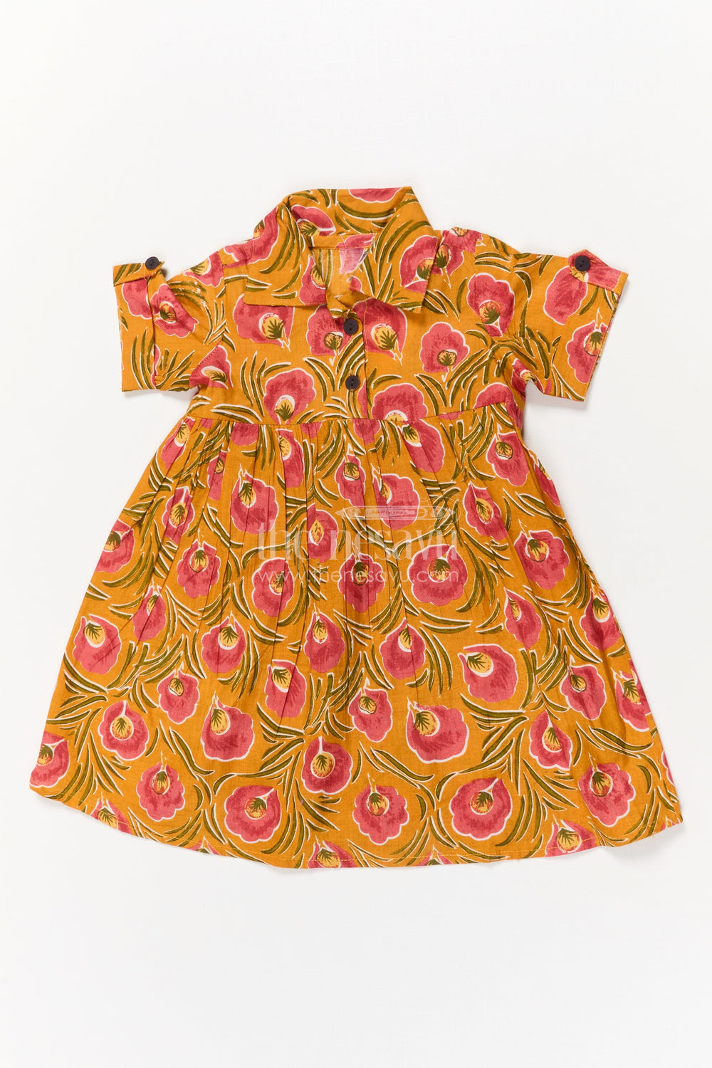 The Nesavu Girls Cotton Frock Baby Girl Cotton Frock for Festive Mornings and School Events Nesavu 16 (1Y) / Yellow GFC2043A-16 Nesavu yellow cotton frock for baby girls with collar and floral print – ideal for school and festive events