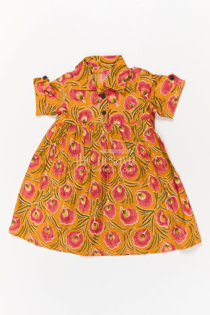 The Nesavu Girls Cotton Frock Baby Girl Cotton Frock for Festive Mornings and School Events Nesavu 16 (1Y) / Yellow GFC2043A-16 Nesavu yellow cotton frock for baby girls with collar and floral print – ideal for school and festive events