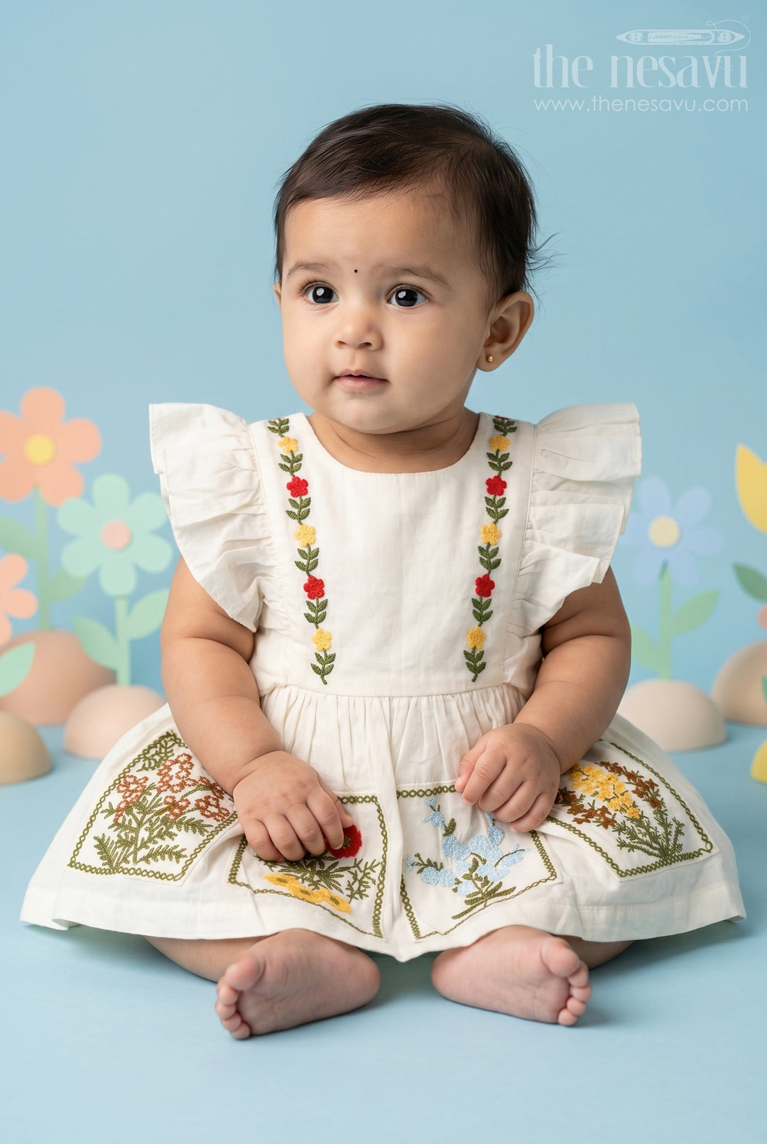 The Nesavu Baby Cotton Frocks Baby Girl Cotton Frock for Festive Wear and Small Functions Nesavu 14 (6M) / Cream / Cotton BFJ1006A-14 Nesavu Baby Girl Cotton Frock For Festive Wear With Thread Embroidery Sleeveless Ethnic Style Dress