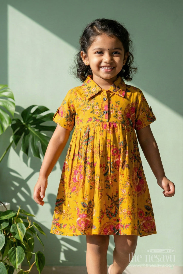 The Nesavu Girls Cotton Frock Baby Girl Cotton Frock for School Functions and Casual Festive Wear Nesavu 16 (1Y) / Yellow GFC2060A-16 Nesavu yellow cotton frock for baby girls with collar and floral print – ideal for festive school wear