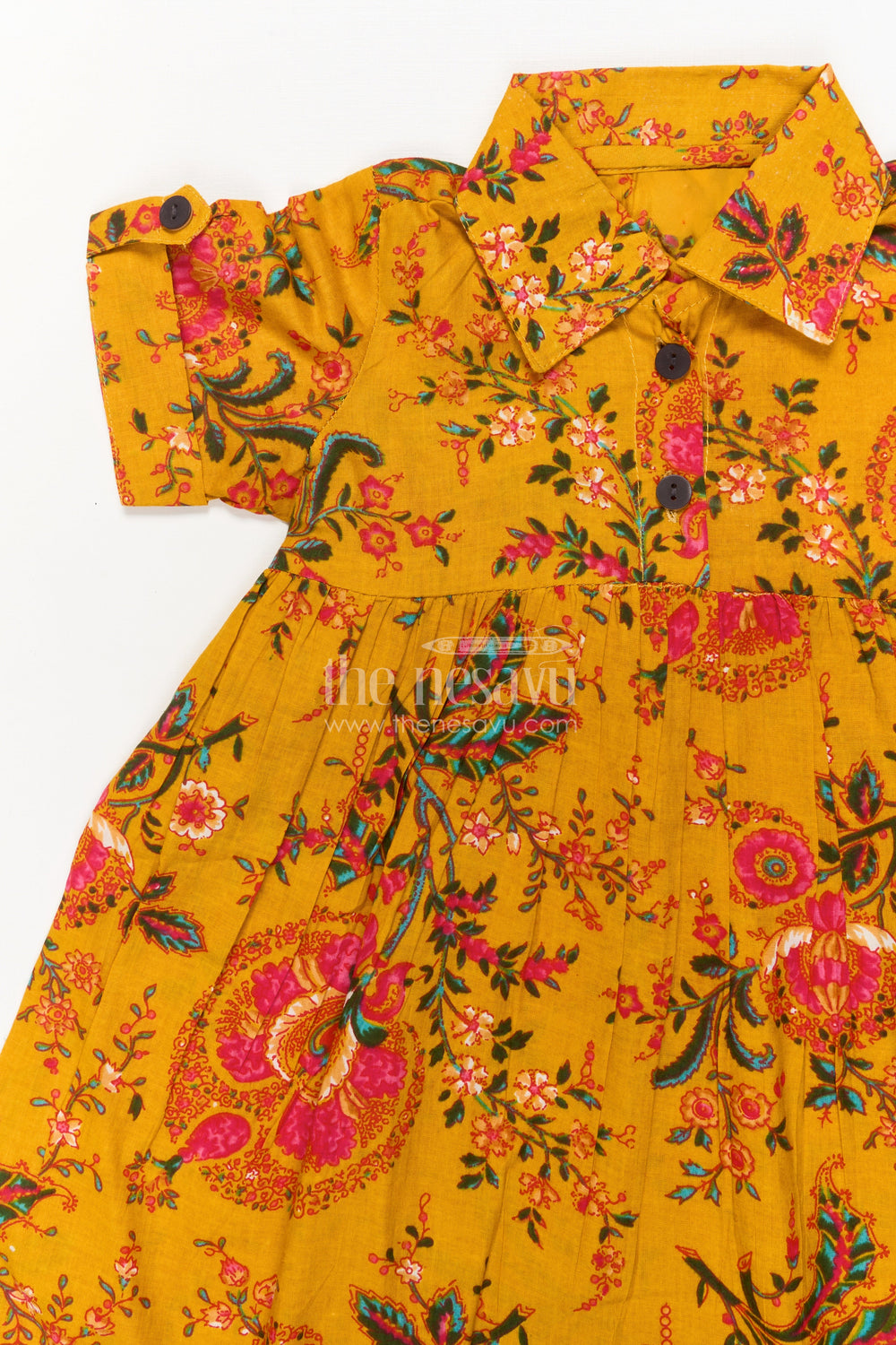 The Nesavu Girls Cotton Frock Baby Girl Cotton Frock for School Functions and Casual Festive Wear Nesavu Nesavu yellow cotton frock for baby girls with collar and floral print – ideal for festive school wear