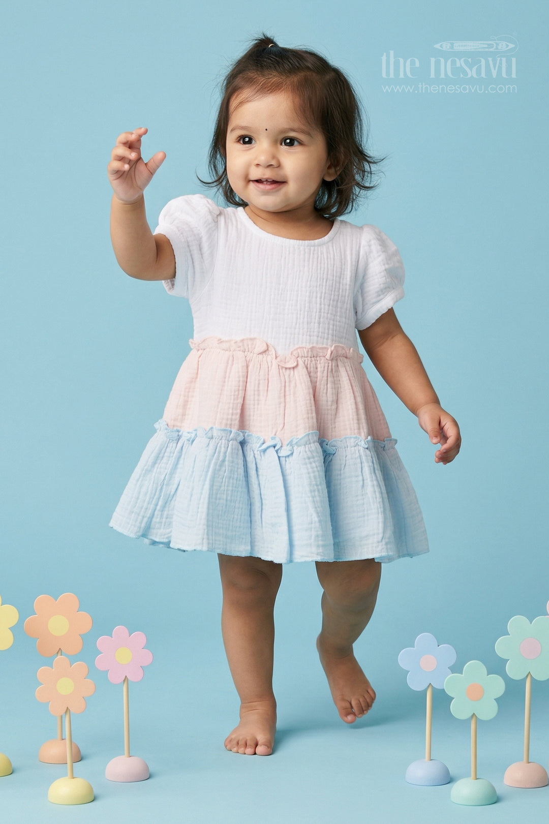The Nesavu Baby Cotton Frocks Baby Girl Cotton Frock for Summer Outings and Baby Pictures Nesavu 16 (1Y) / Multicolor / Muslin Cotton BFJ979A-16 Nesavu baby girl muslin cotton frock for summer outings and baby photos with layered design