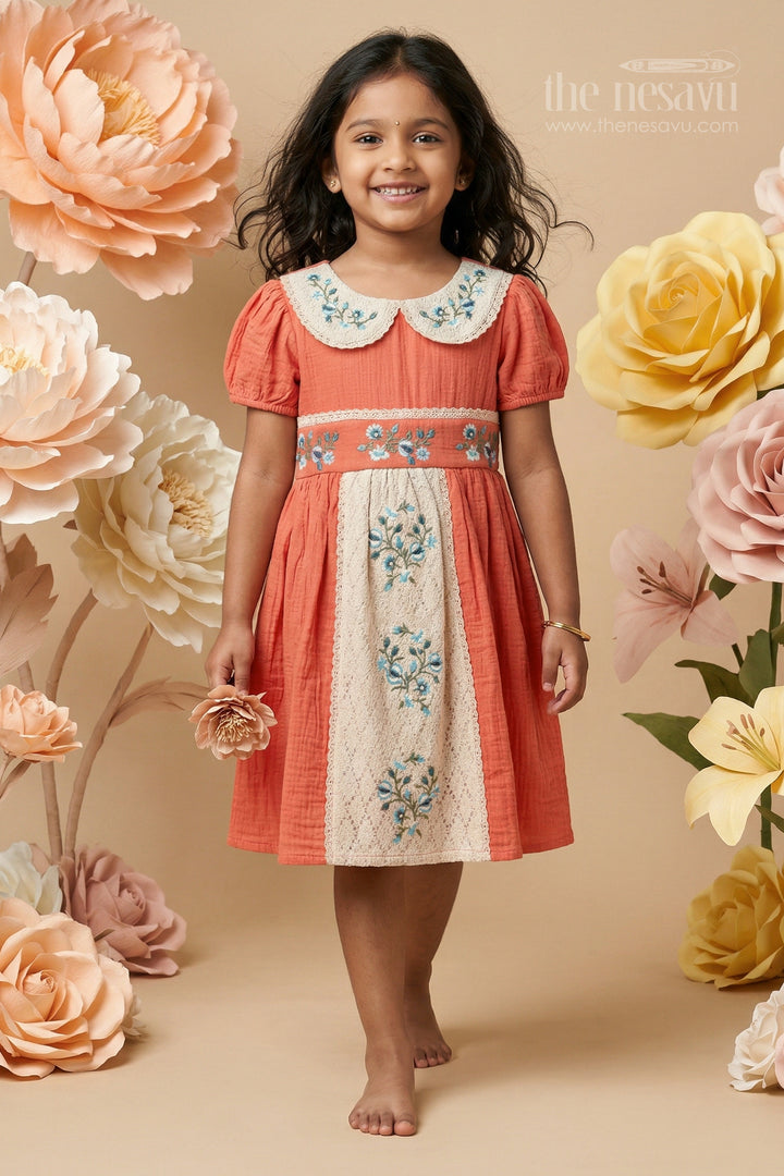 The Nesavu Girls Cotton Frock Baby Girl Cotton Frock for Summer Outings and Daily Comfort Nesavu 20 (3Y) / Orange / Muslin Cotton GFC2160B-20 Nesavu baby girl muslin cotton frock with thread embroidery for summer outings and daily comfort