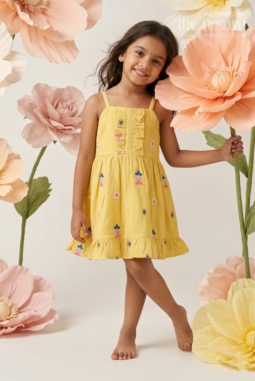 The Nesavu Girls Cotton Frock Baby Girl Cotton Frock for Summer Outings and Playful Days Nesavu 14 (6M) / Yellow / Muslin Cotton GFC2186A-14 Nesavu Baby Girl Muslin Cotton Frock For Summer Outings With Thread Embroidery And Breathable Comfort