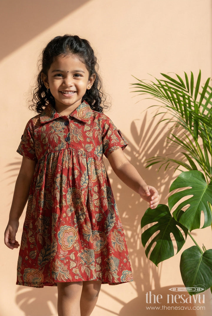 The Nesavu Girls Cotton Frock Baby Girl Cotton Frock for Traditional Occasions and Family Get-togethers Nesavu 16 (1Y) / Maroon GFC2045A-16 Nesavu maroon cotton frock for baby girls with floral print and collar – perfect for festive family moments