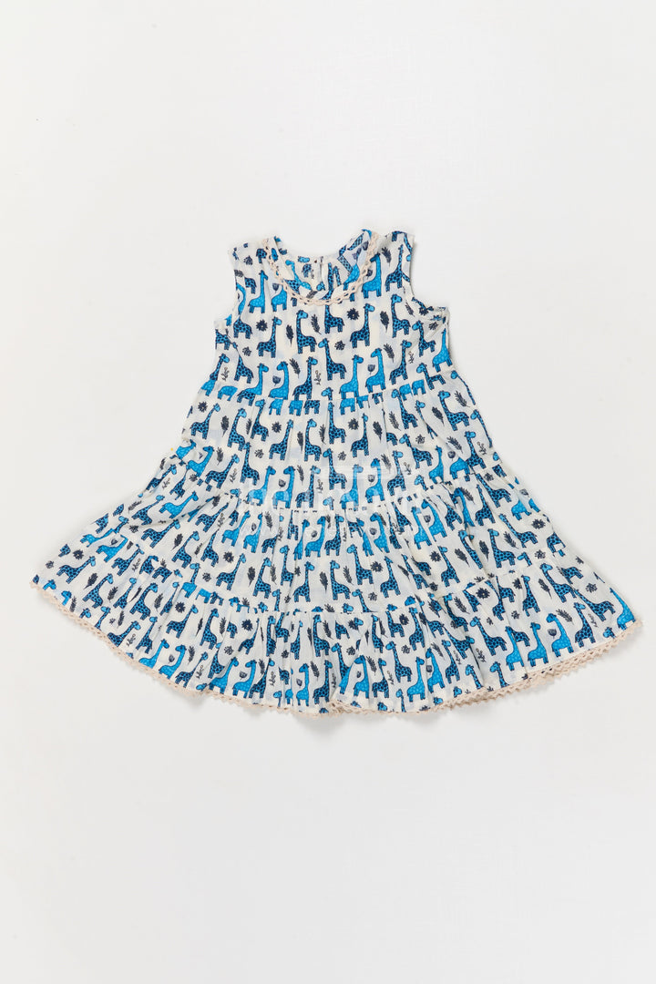 The Nesavu Girls Cotton Frock Baby Girl Cotton Frock with Animal Print for Playful Outings Nesavu 16 (1Y) / Blue GFC2048A-16 Nesavu baby girl blue cotton frock with animal print and collar – fun outfit for playdates and outings