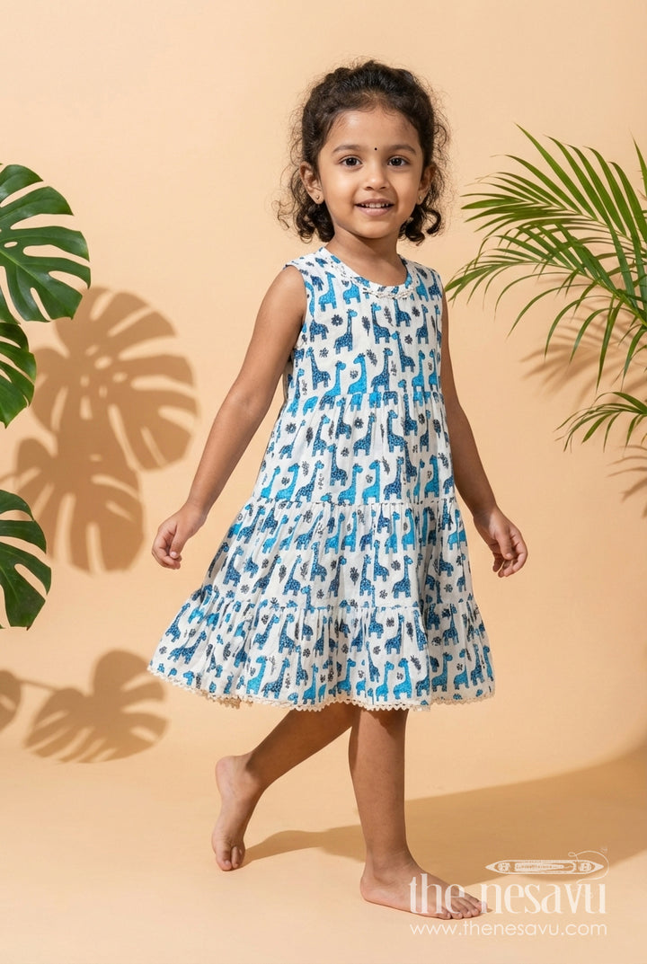 The Nesavu Girls Cotton Frock Baby Girl Cotton Frock with Animal Print for Playful Outings Nesavu 16 (1Y) / Blue GFC2048A-16 Nesavu baby girl blue cotton frock with animal print and collar – fun outfit for playdates and outings