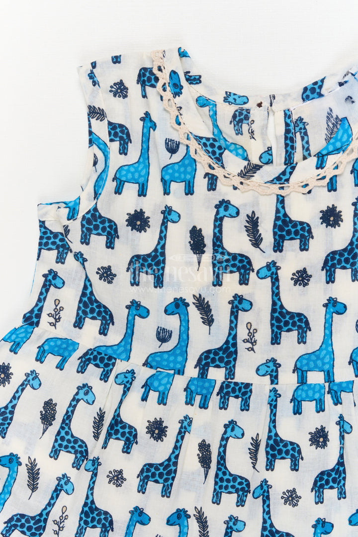 The Nesavu Girls Cotton Frock Baby Girl Cotton Frock with Animal Print for Playful Outings Nesavu Nesavu baby girl blue cotton frock with animal print and collar – fun outfit for playdates and outings