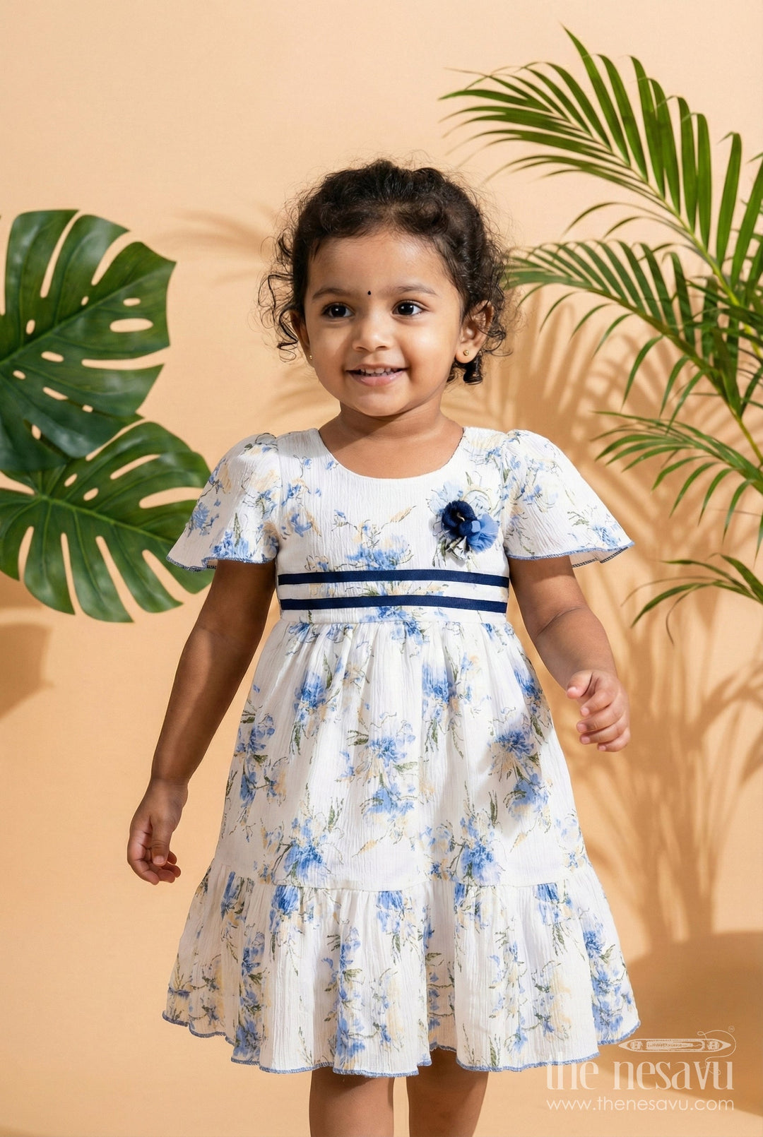 The Nesavu Girls Cotton Frock Baby Girl Cotton Frock with Blue Floral Print for Summer Outings Nesavu 20 (3Y) / Half white GFC1948B-20 Nesavu baby girl cotton frock with blue floral digital print perfect for summer playdates