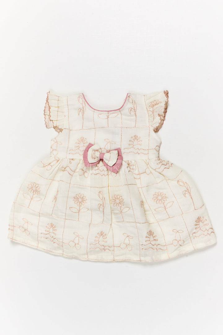The Nesavu Baby Cotton Frocks Baby Girl Cotton Frock with Bow and Floral Embroidery for Special Moments Nesavu 14 (6M) / Cream / Cotton Blend BFJ911B-14 Nesavu embroidered cotton frock for baby girls with bow detail and festive-ready design