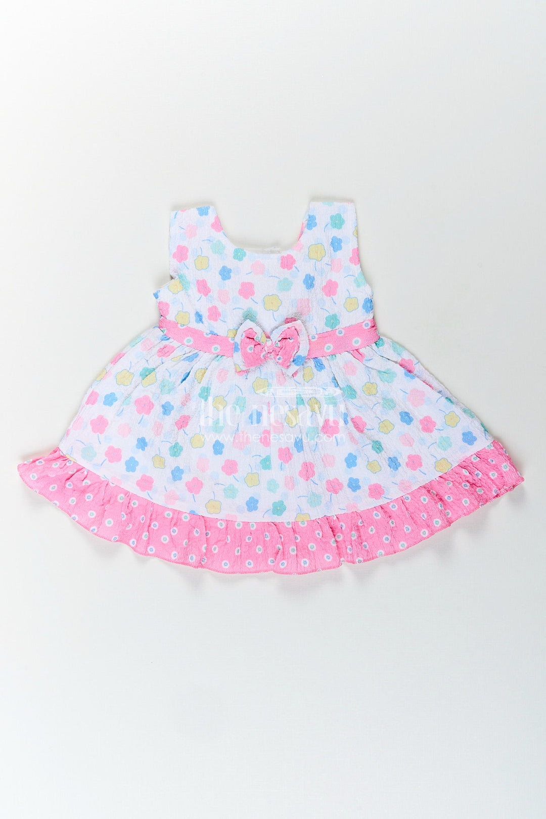 The Nesavu Baby Cotton Frocks Baby girl cotton frock with bow and floral print for casual summer days Nesavu 14 (6M) / Pink BFJ852B-14 Nesavu baby girl cotton frock pink bow floral print  perfect summer playdates daily wear
