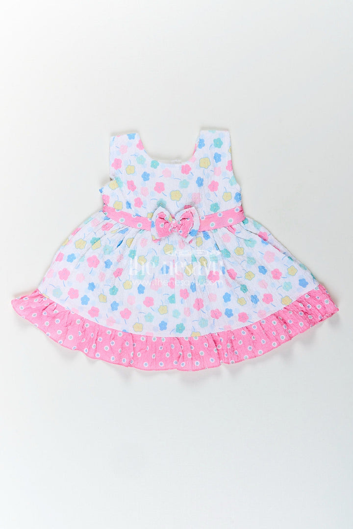The Nesavu Baby Cotton Frocks Baby girl cotton frock with bow and floral print for casual summer days Nesavu 14 (6M) / Pink BFJ852B-14 Nesavu baby girl cotton frock pink bow floral print  perfect summer playdates daily wear