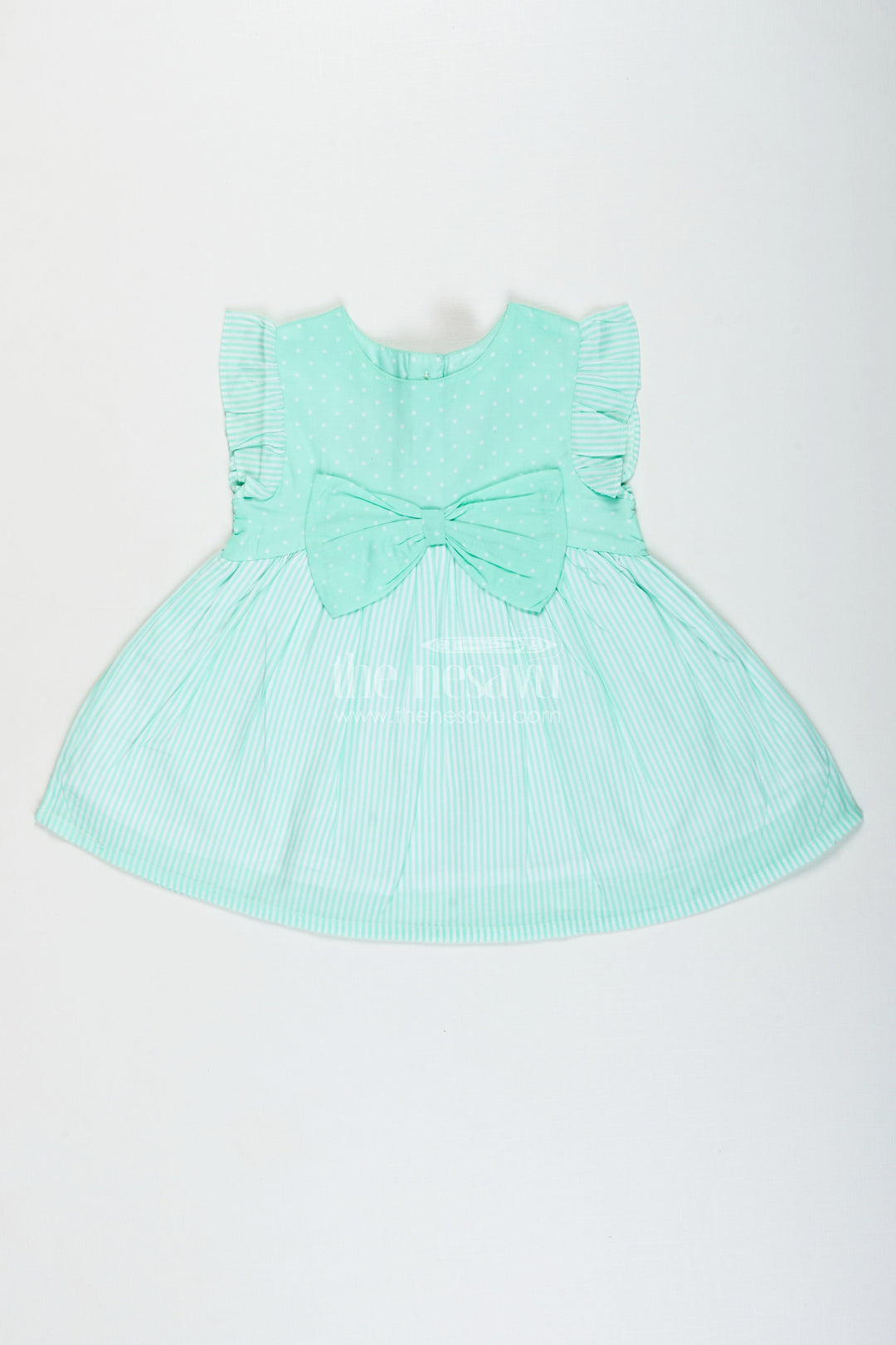 The Nesavu Girls Cotton Frock Baby Girl Cotton Frock with Bow Detail for Birthdays and Playdates Nesavu 10 (NB) / Green GFC1924A-10 Nesavu baby girl cotton frock bow stripe pattern  perfect playdates casual parties