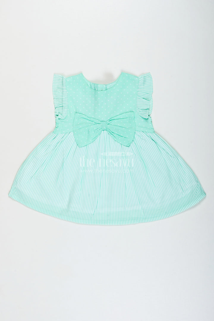 The Nesavu Girls Cotton Frock Baby Girl Cotton Frock with Bow Detail for Birthdays and Playdates Nesavu 10 (NB) / Green GFC1924A-10 Nesavu baby girl cotton frock bow stripe pattern  perfect playdates casual parties