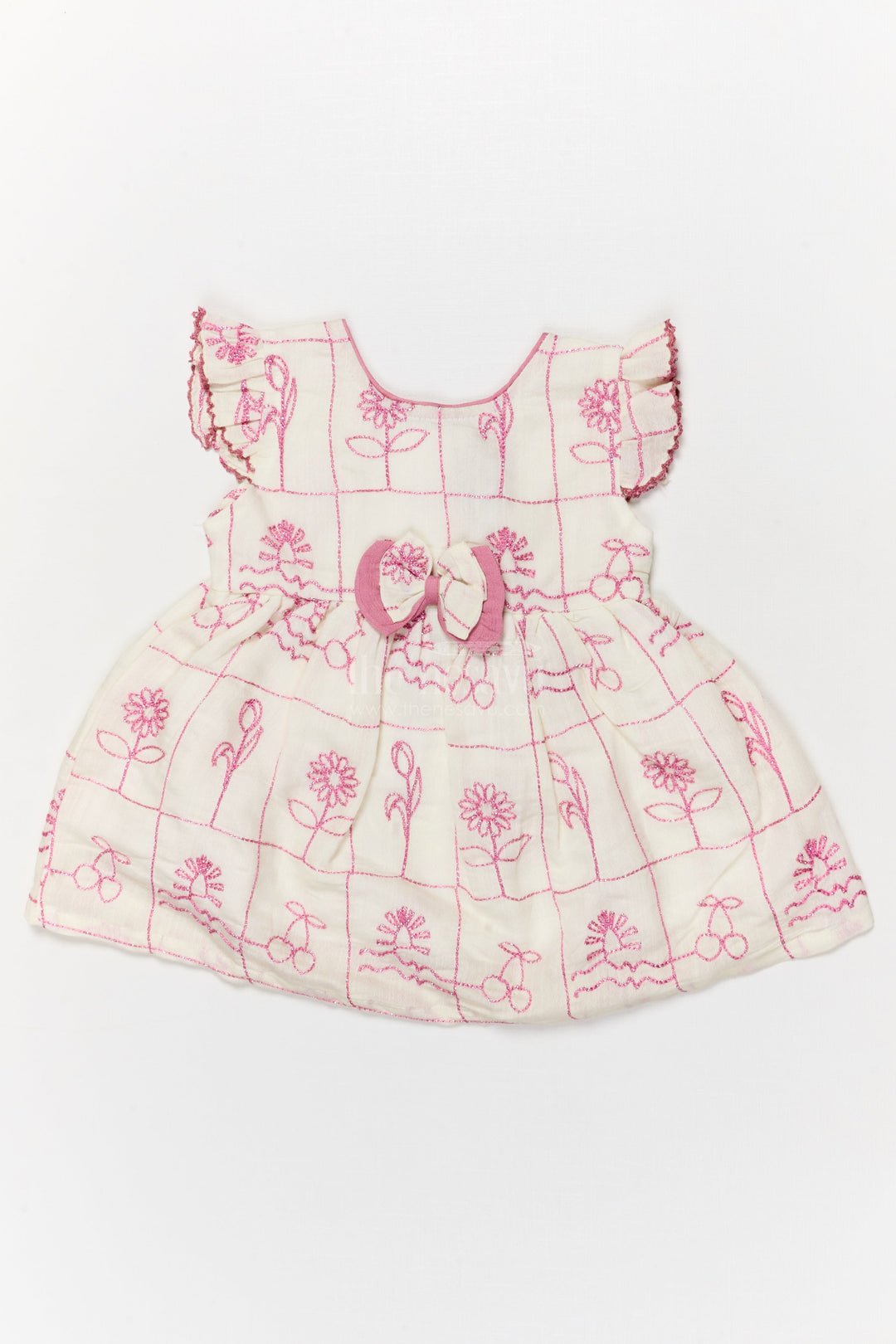 The Nesavu Baby Cotton Frocks Baby Girl Cotton Frock with Bow Detail for Casual and Festive Use Nesavu 14 (6M) / Cream / Cotton Blend BFJ911A-14 Nesavu baby girl cotton frock with bow and floral thread embroidery for festive or casual wear