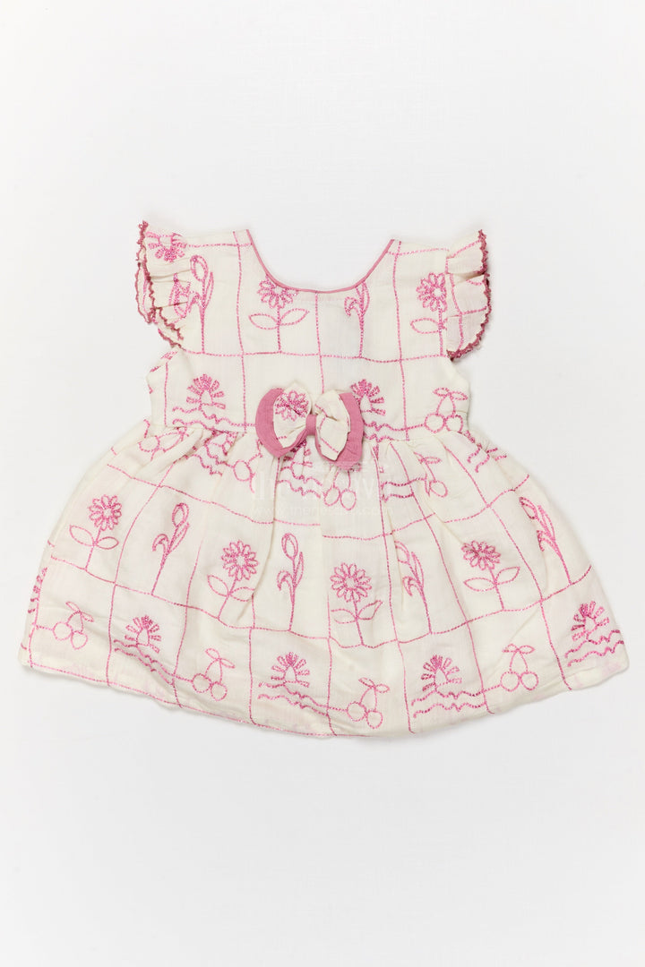 The Nesavu Baby Cotton Frocks Baby Girl Cotton Frock with Bow Detail for Casual and Festive Use Nesavu 14 (6M) / Cream / Cotton Blend BFJ911A-14 Nesavu baby girl cotton frock with bow and floral thread embroidery for festive or casual wear