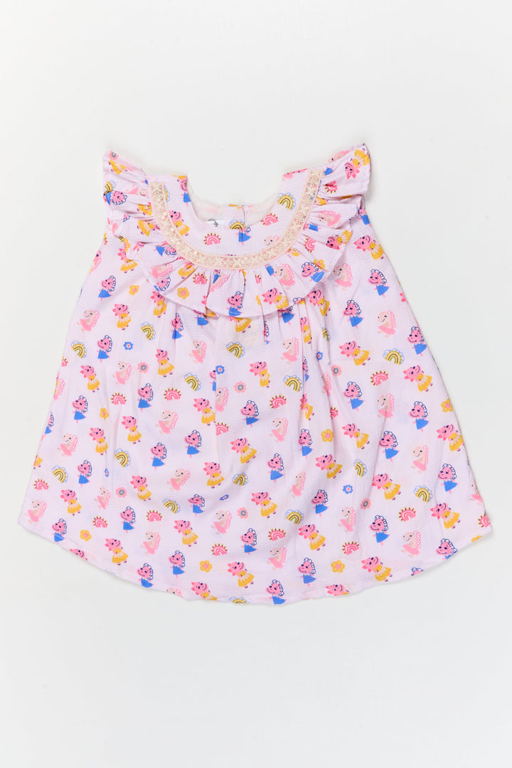 The Nesavu Girls Cotton Frock Baby Girl Cotton Frock with Cartoon Print for Daycare and Casual Wear Nesavu 18 (2Y) / Multicolor / Cotton Blend GFC2087A-18 Nesavu baby girl cotton frock with cartoon and rainbow print for daycare and playtime