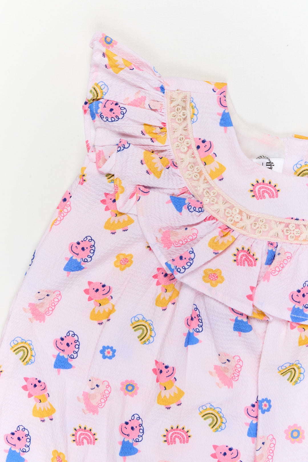 The Nesavu Girls Cotton Frock Baby Girl Cotton Frock with Cartoon Print for Daycare and Casual Wear Nesavu Nesavu baby girl cotton frock with cartoon and rainbow print for daycare and playtime