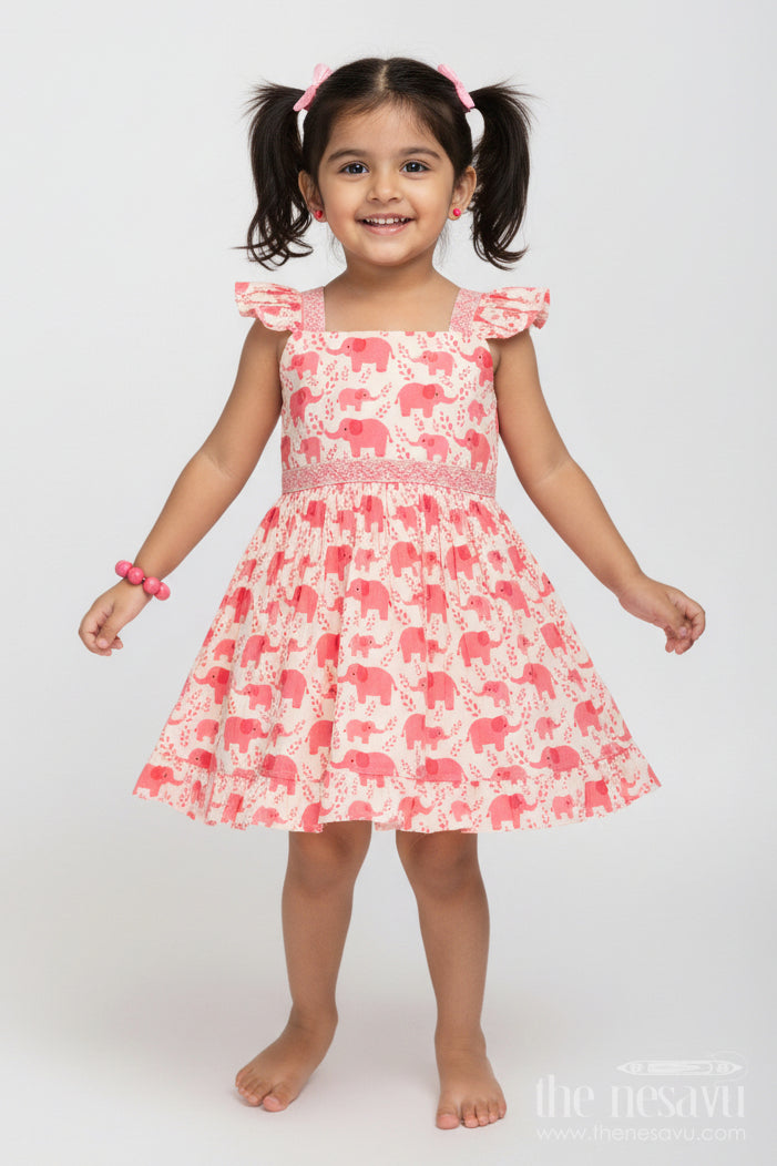 The Nesavu Girls Cotton Frock Baby Girl Cotton Frock with Elephant Print for Everyday Playtime Nesavu 18 (2Y) / Pink / Style 1 GFC1970AA-18 Nesavu baby girl cotton frock elephant print summer playtime daily wear