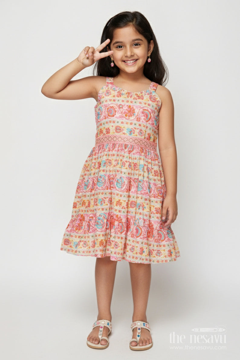 The Nesavu Girls Cotton Frock Baby Girl Cotton Frock with Festive Prints for Family Gatherings Nesavu 18 (2Y) / Multicolor GFC2022A-18 Nesavu baby girl cotton frock with traditional digital print for festive celebrations