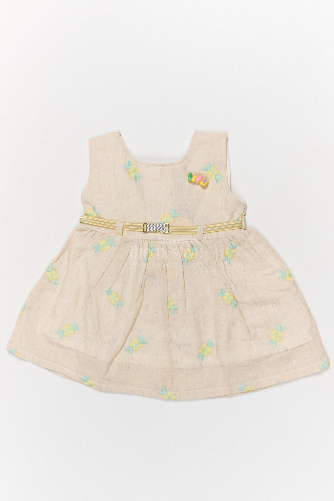 The Nesavu Baby Cotton Frocks Baby Girl Cotton Frock with Floral Embroidery and Belt for Festive Gatherings Nesavu 14 (6M) / Yellow BFJ889B-14 Nesavu baby girl cotton frock with floral thread embroidery and belt for festive family gatherings