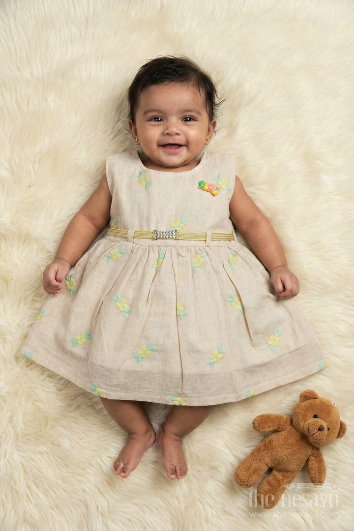 The Nesavu Baby Cotton Frocks Baby Girl Cotton Frock with Floral Embroidery and Belt for Festive Gatherings Nesavu 14 (6M) / Yellow BFJ889B-14 Nesavu baby girl cotton frock with floral thread embroidery and belt for festive family gatherings
