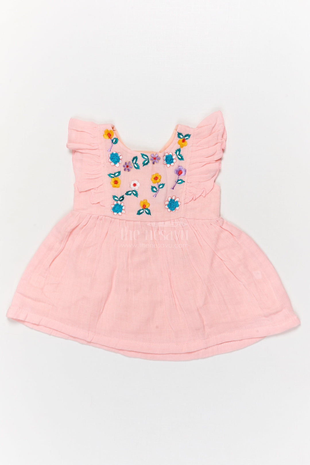 The Nesavu Baby Cotton Frocks Baby Girl Cotton Frock with Floral Embroidery and Flutter Sleeves Nesavu 14 (6M) / Blue BFJ890C-14 Nesavu baby girl cotton frock with floral embroidery and flutter sleeves for outings and festive wear