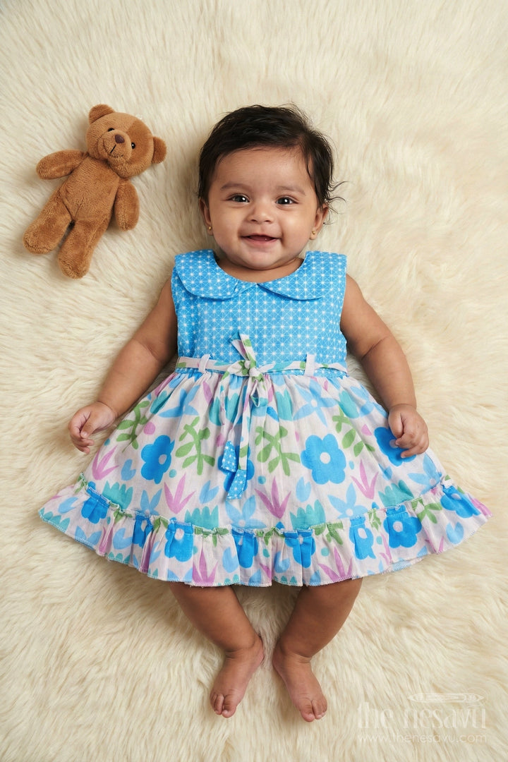The Nesavu Baby Cotton Frocks Baby Girl Cotton Frock with Floral Print and Peter Pan Collar for Birthday Parties Nesavu 14 (6M) / Blue BFJ888B-14 Nesavu baby girl cotton frock with digital floral print and peter pan collar for birthday celebrations