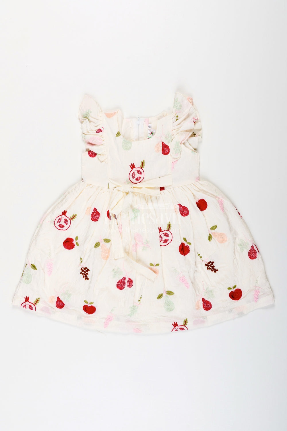 The Nesavu Girls Cotton Frock Baby Girl Cotton Frock with Fruit Embroidery for Casual Wear Nesavu 20 (3Y) / Cream GFC1935A-20 Nesavu baby girl cotton frock fruit embroidery ruffle sleeves daily dressing