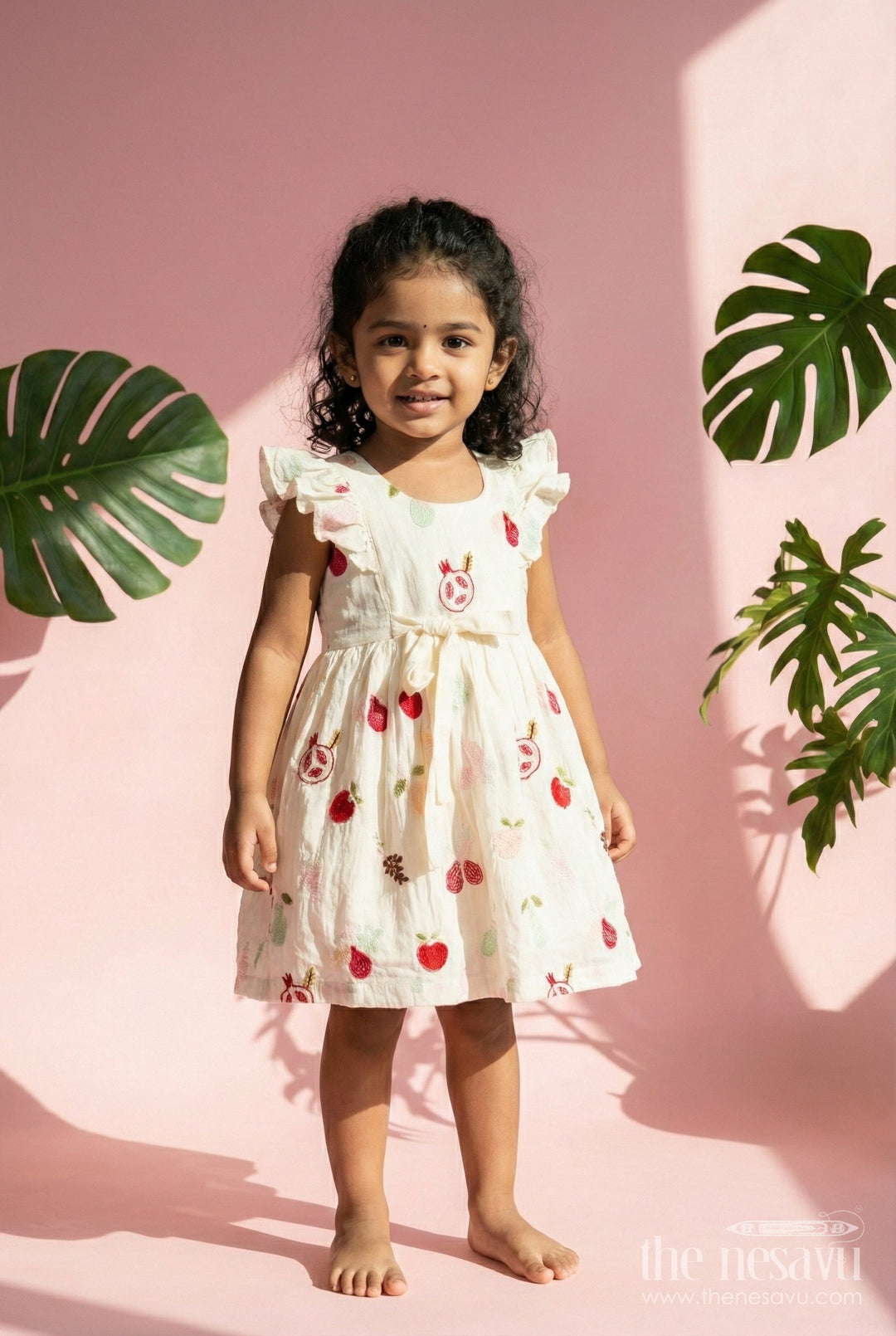 The Nesavu Girls Cotton Frock Baby Girl Cotton Frock with Fruit Embroidery for Casual Wear Nesavu 20 (3Y) / Cream GFC1935A-20 Nesavu baby girl cotton frock fruit embroidery ruffle sleeves daily dressing