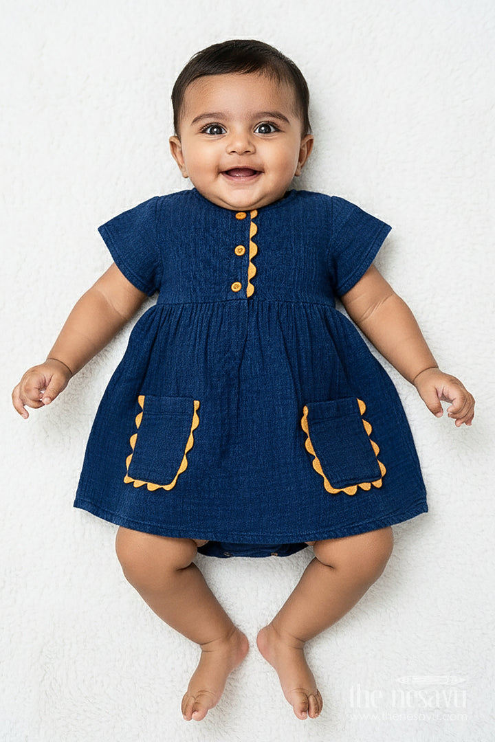 The Nesavu Girls Cotton Frock Baby Girl Cotton Frock with Pockets for Everyday Wear and Daycare Nesavu 12 (3M) / Blue GFC1928A-12 Nesavu baby girl cotton frock scallop-trim pockets playdates daycare comfort