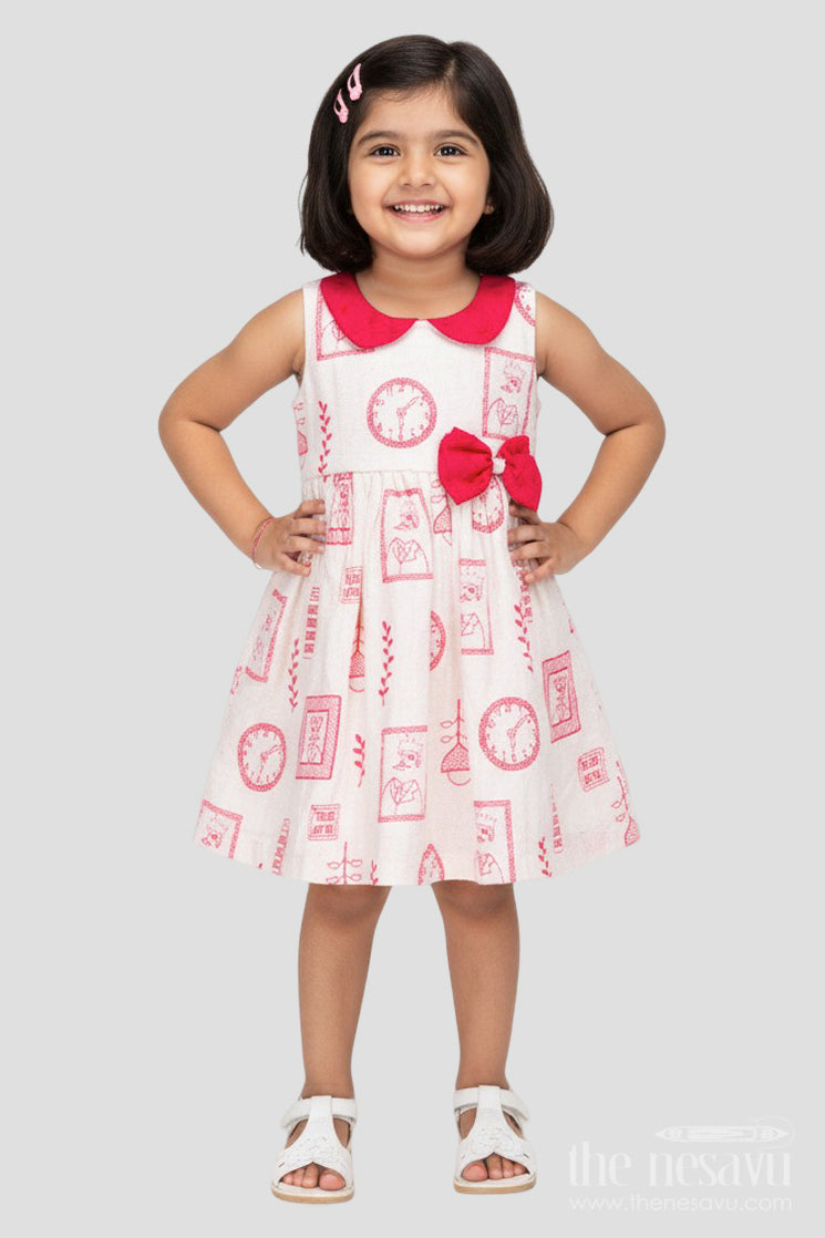 The Nesavu Girls Cotton Frock Baby Girl Cotton Frock with Quirky Prints and Bow Detail for Daily Style Nesavu 20 (3Y) / Pink GFC1934B-20 Nesavu baby girl cotton frock printed embroidery bow daily wear play