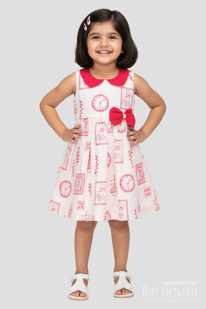 The Nesavu Girls Cotton Frock Baby Girl Cotton Frock with Quirky Prints and Bow Detail for Daily Style Nesavu 20 (3Y) / Pink GFC1934B-20 Nesavu baby girl cotton frock printed embroidery bow daily wear play