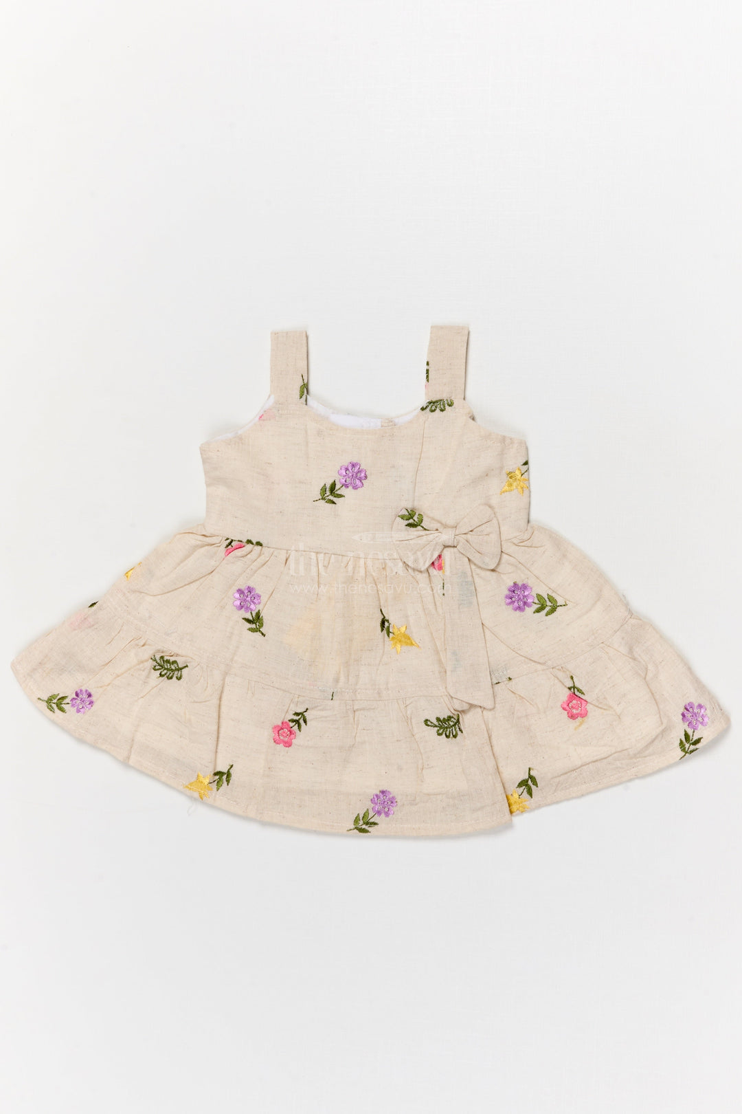 The Nesavu Baby Cotton Frocks Baby Girl Cotton Frock with Thread Embroidery for Everyday Wear Nesavu 14 (6M) / Beige BFJ904A-14 Nesavu baby girl cotton frock with floral thread embroidery for playdates and casual wear