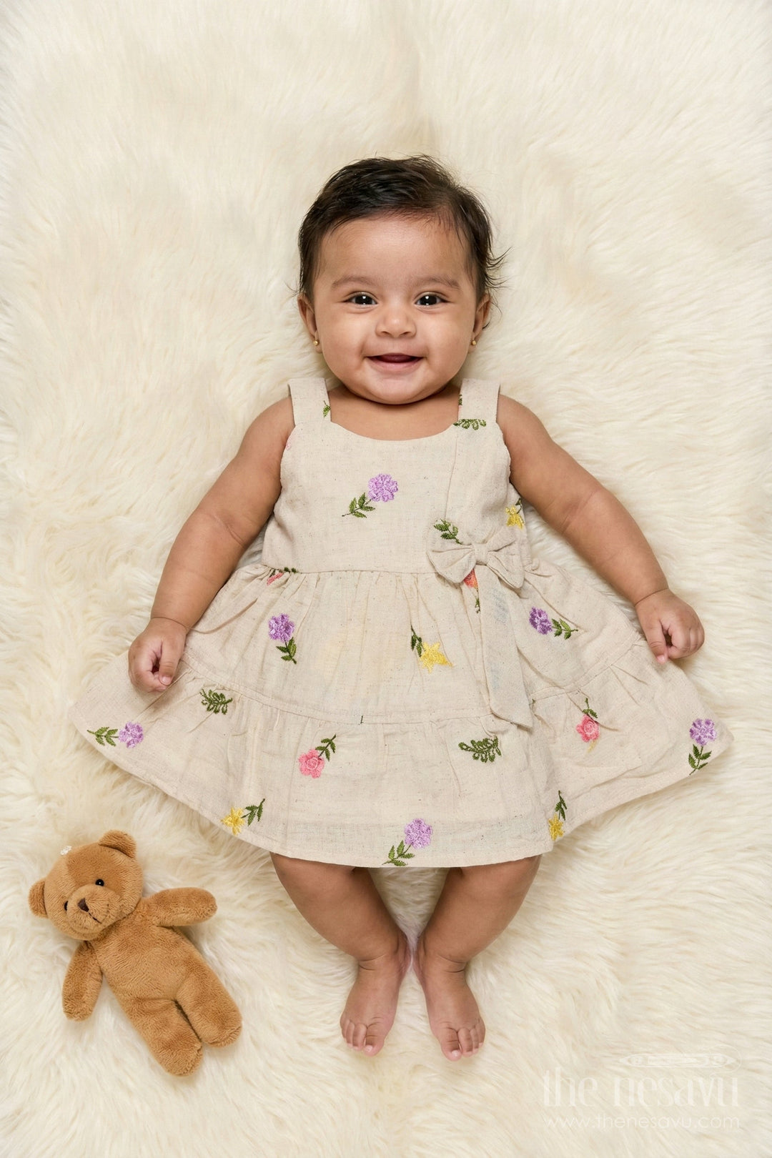 The Nesavu Baby Cotton Frocks Baby Girl Cotton Frock with Thread Embroidery for Everyday Wear Nesavu 14 (6M) / Beige BFJ904A-14 Nesavu baby girl cotton frock with floral thread embroidery for playdates and casual wear