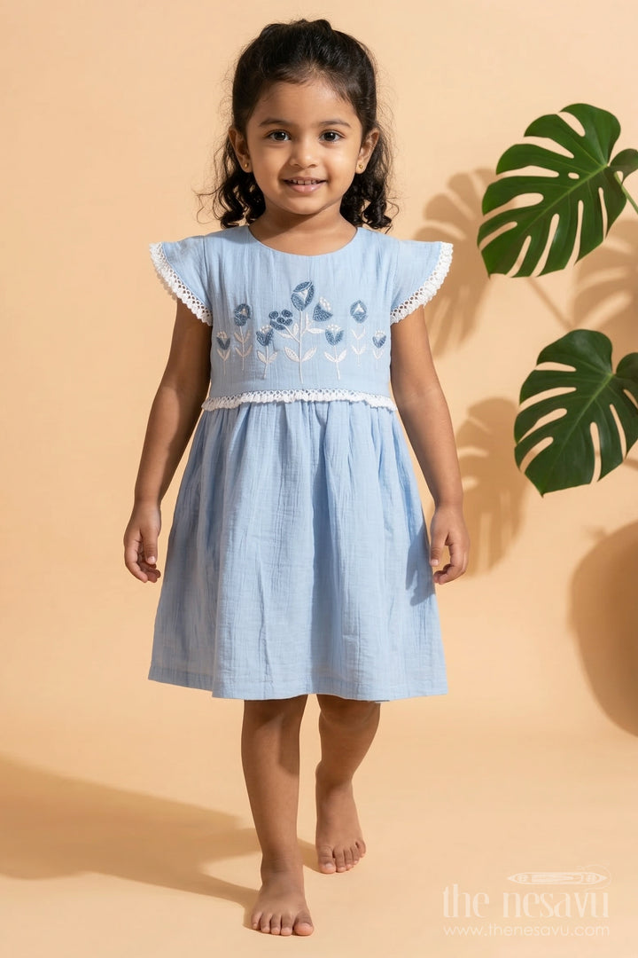 The Nesavu Girls Cotton Frock Baby Girl Cotton Frock with Thread Embroidery for Outings and Playdates Nesavu 20 (3Y) / Blue / Cotton Blend GFC2116B-20 Nesavu baby girl cotton frock with thread embroidery for casual outings and summer playdates
