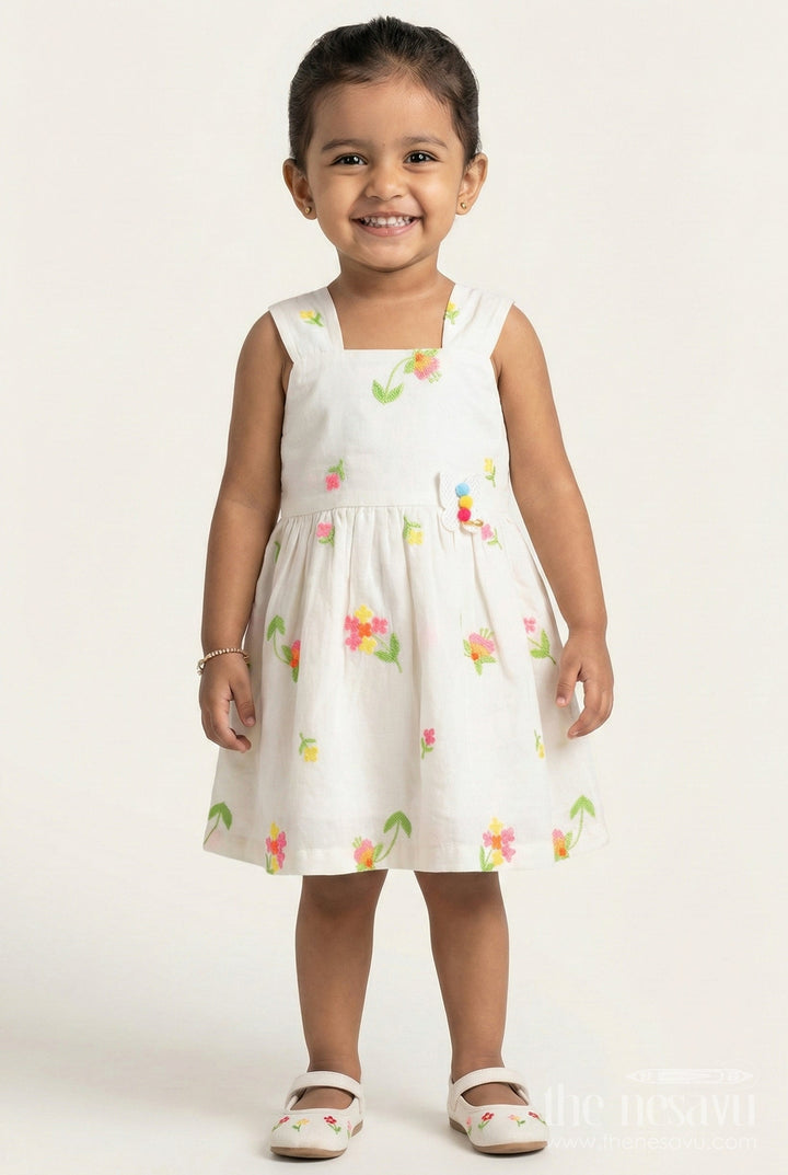 The Nesavu Baby Cotton Frocks Baby Girl Cotton Frock with Thread Embroidery for Summer Outings Nesavu 14 (6M) / White BFJ855B-14 Nesavu sleeveless baby girl cotton frock with thread embroidery for summer and casual outings