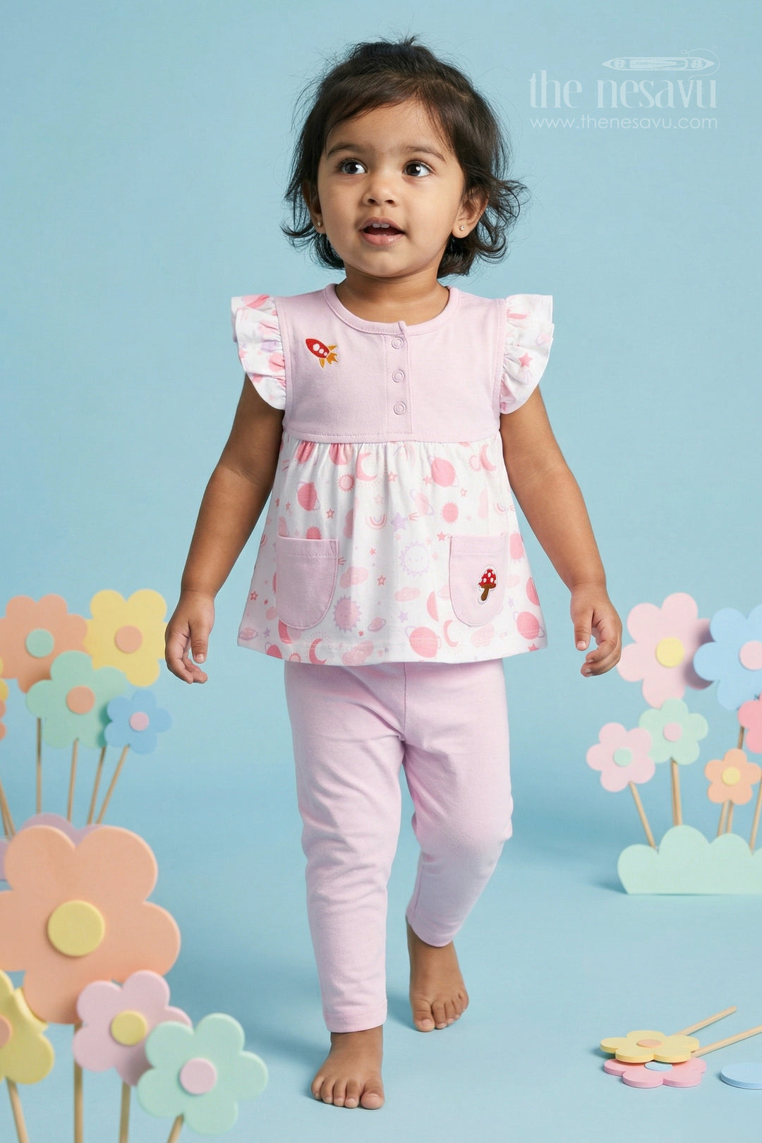 The Nesavu Baby Casual Sets Baby Girl Cotton Lounge Set for Everyday Wear Nesavu 10 (NB) / Beige / Cotton BFJ935A-10 Nesavu Baby Girl Cotton Jersey Lounge Set With Digital Print For Everyday Wear And Comfort