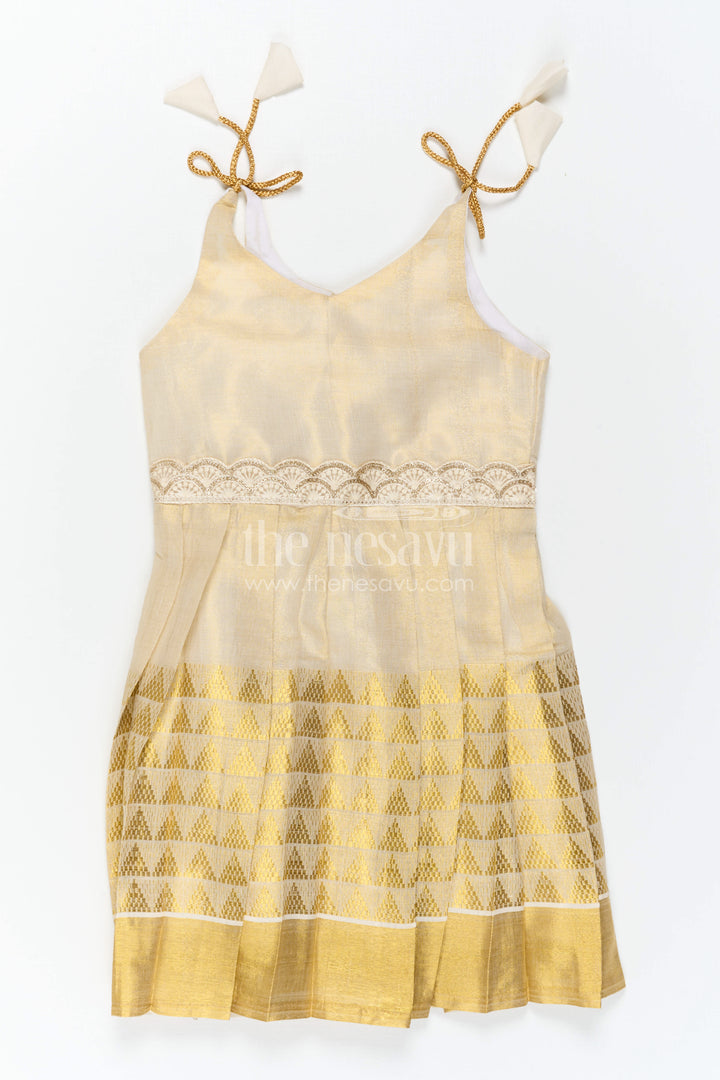 The Nesavu Tie-up Frock Baby Girl Cream Frock for Festive Family Celebrations Nesavu Nesavu Baby Girl Cream Tissue Silk Frock With Woven Border For Festive Occasions